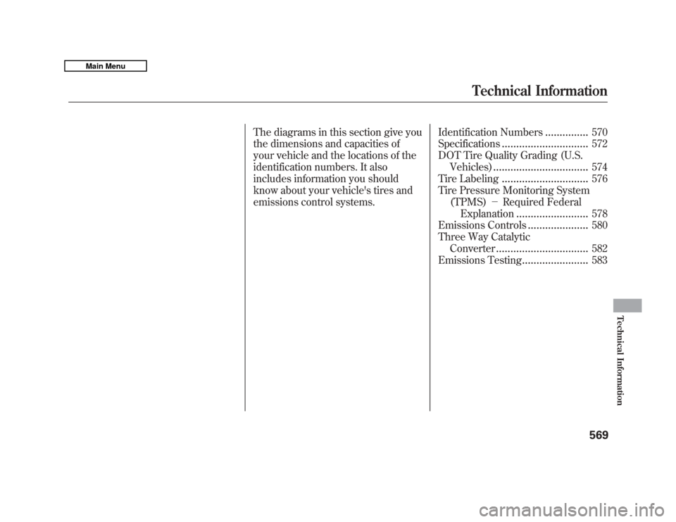 Acura MDX 2011  Owners Manual The diagrams in this section give you
the dimensions and capacities of
your vehicle and the locations of the
identification numbers. It also
includes information you should
know about your vehicles t