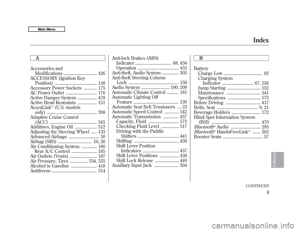 Acura MDX 2011 User Guide A
Accessories andModifications
..........................
426
ACCESSORY (Ignition Key Position)
.................................
138
Accessory Power Sockets
..........
175
AC Power Outlet
...........