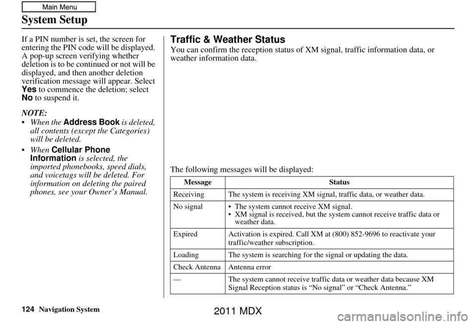 Acura MDX 2011 Navigation Manual 124Navigation System
System Setup
If a PIN number is set, the screen for
entering the PIN code will be displayed.
A pop-up screen verifying whether
deletion is to be continued or not will be
displ Acura MDX 2011 Navigation Manual 124Navigation System
System Setup
If a PIN number is set, the screen for
entering the PIN code will be displayed.
A pop-up screen verifying whether
deletion is to be continued or not will be
displ
