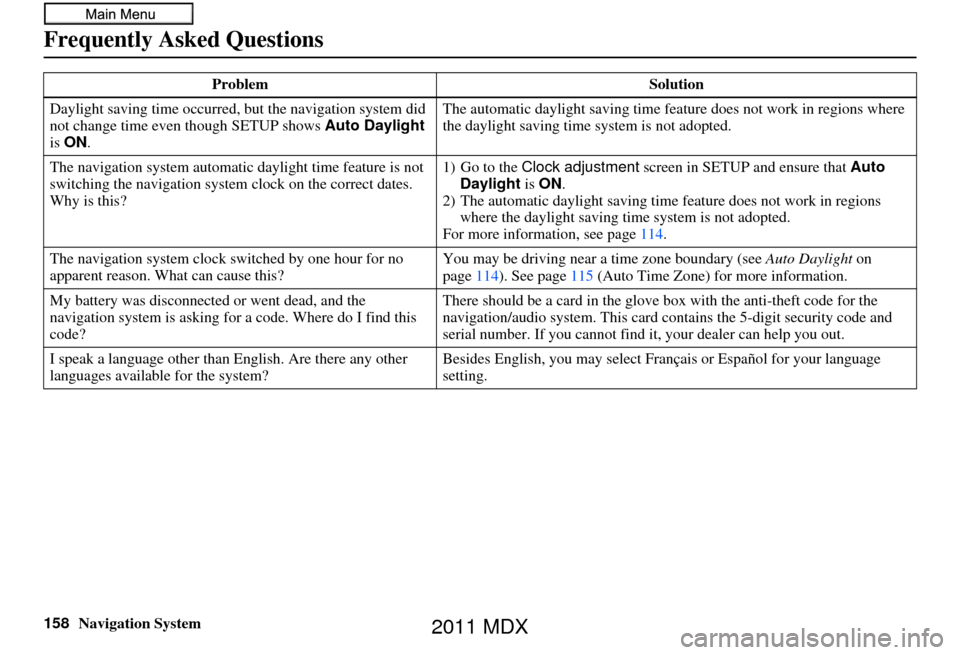 Acura MDX 2011 Navigation Manual 158Navigation System
Frequently Asked Questions
Daylight saving time occurred, but the navigation system did
not change time even though SETUP shows Auto Daylight
is ON . The automatic daylight sa Acura MDX 2011 Navigation Manual 158Navigation System
Frequently Asked Questions
Daylight saving time occurred, but the navigation system did
not change time even though SETUP shows Auto Daylight
is ON . The automatic daylight sa
