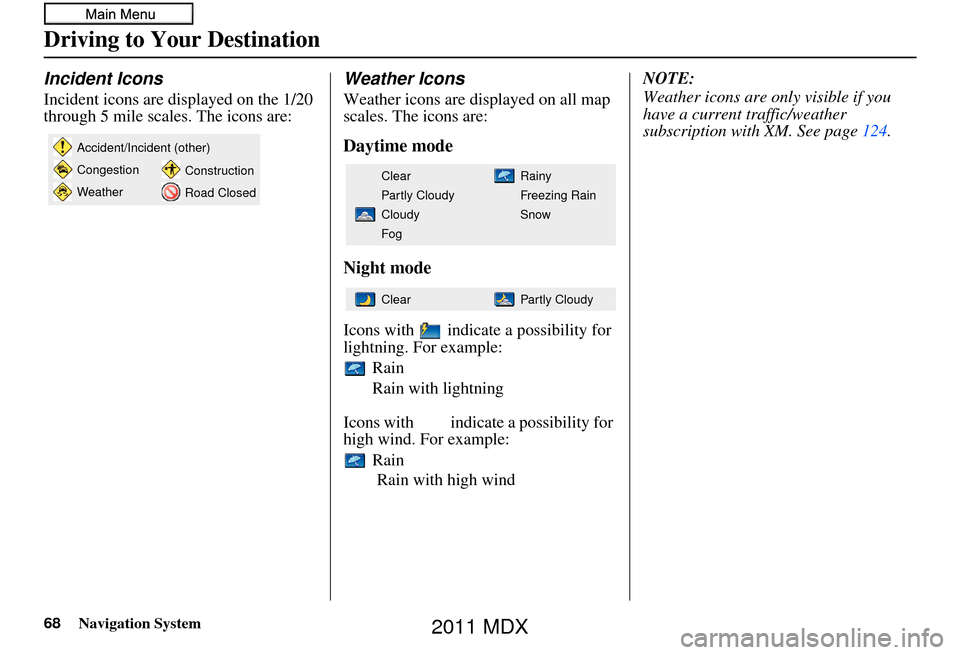 Acura MDX 2011 Navigation Manual 68Navigation System
Driving to Your Destination
Incident Icons
Incident icons are displayed on the 1/20
through 5 mile scales. The icons are:
Weather Icons
Weather icons are displayed on all map
sca Acura MDX 2011 Navigation Manual 68Navigation System
Driving to Your Destination
Incident Icons
Incident icons are displayed on the 1/20
through 5 mile scales. The icons are:
Weather Icons
Weather icons are displayed on all map
sca