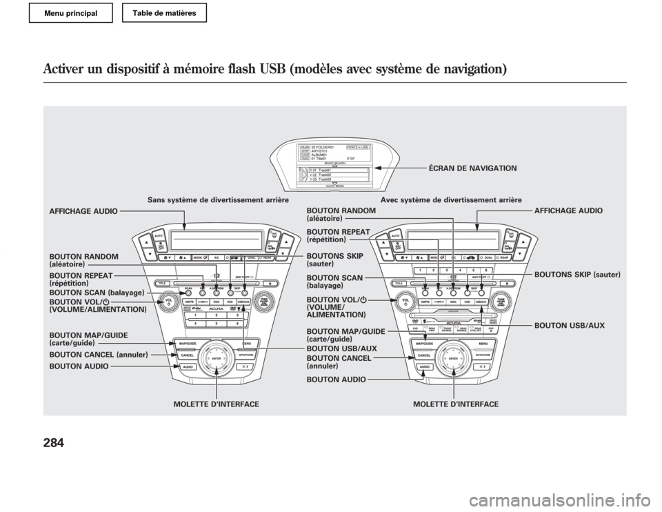 Acura MDX 2011 Manuel du propriétaire (in French) BOUTON VOL/ꂻ
(VOLUME/ALIMENTATION) BOUTON SCAN (balayage) AFFICHAGE AUDIOSans système de divertissement arrière Avec système de divertissement arrière
AFFICHAGE AUDIO
BOUTON SCAN
(balayage)
BOUT Acura MDX 2011 Manuel du propriétaire (in French) BOUTON VOL/ꂻ
(VOLUME/ALIMENTATION) BOUTON SCAN (balayage) AFFICHAGE AUDIOSans système de divertissement arrière Avec système de divertissement arrière
AFFICHAGE AUDIO
BOUTON SCAN
(balayage)
BOUT