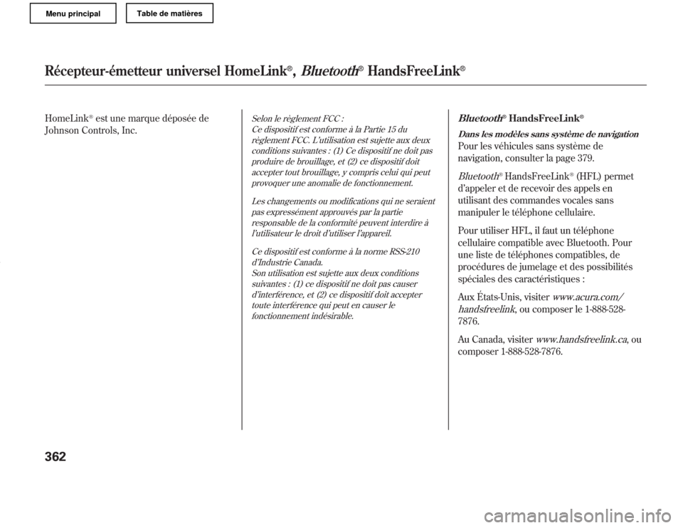 Acura MDX 2011  Manuel du propriétaire (in French) HomeLink
®est une marque déposée de
Johnson Controls, Inc.
Selon le règlement FCC :
Ce dispositif est conforme à la Partie 15 du
règlement FCC. L’utilisation est sujette aux deux
conditions su