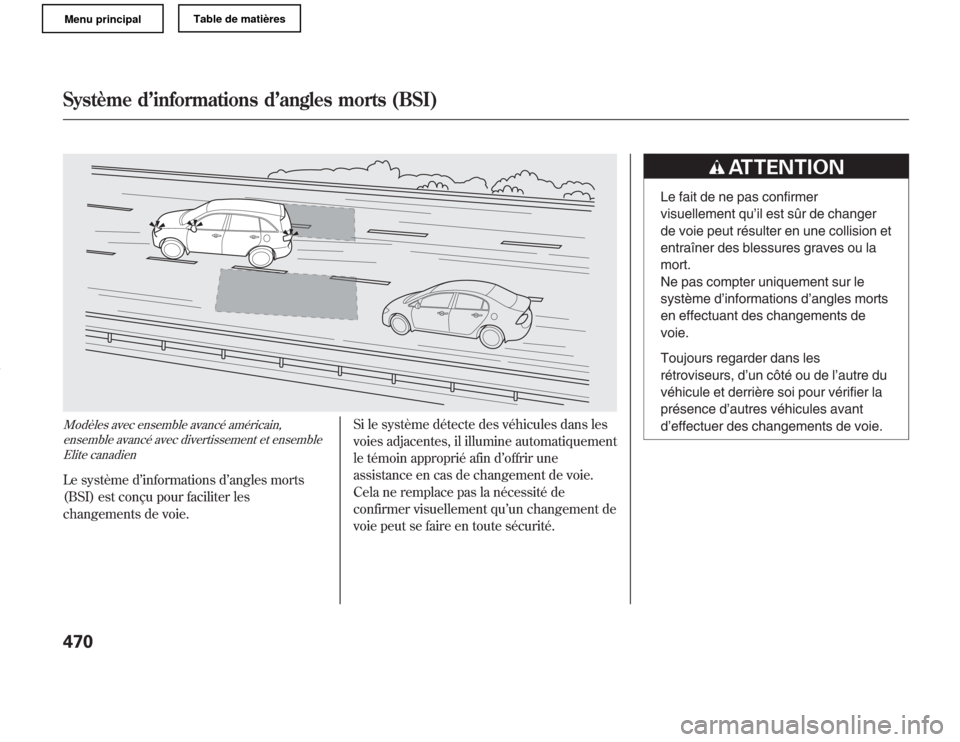 Acura MDX 2011  Manuel du propriétaire (in French) Modèles avec ensemble avancé américain,
ensemble avancé avec divertissement et ensemble
Elite canadienLe système d’informations d’angles morts
(BSI) est conçu pour faciliter les
changements 