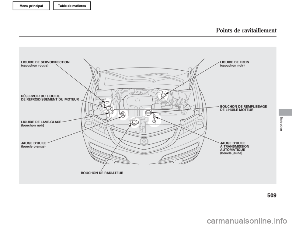 Acura MDX 2011 Manuel du propriétaire (in French) LIQUIDE DE SERVODIRECTION
(capuchon rouge)
RÉSERVOIR DU LIQUIDE
DE REFROIDISSEMENT DU MOTEUR
LIQUIDE DE LAVE-GLACE
(bouchon noir)
JAUGE D’HUILE
(boucle orange)
BOUCHON DE RADIATEURJAUGE D’HUILE
Acura MDX 2011 Manuel du propriétaire (in French) LIQUIDE DE SERVODIRECTION
(capuchon rouge)
RÉSERVOIR DU LIQUIDE
DE REFROIDISSEMENT DU MOTEUR
LIQUIDE DE LAVE-GLACE
(bouchon noir)
JAUGE D’HUILE
(boucle orange)
BOUCHON DE RADIATEURJAUGE D’HUILE