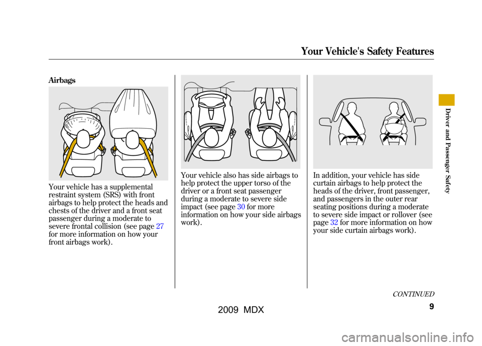 Acura MDX 2009 User Guide AirbagsYour vehicle has a supplemental
restraint system (SRS) with front
airbags to help protect the heads and
chests of the driver and a front seat
passenger during a moderate to
severe frontal colli