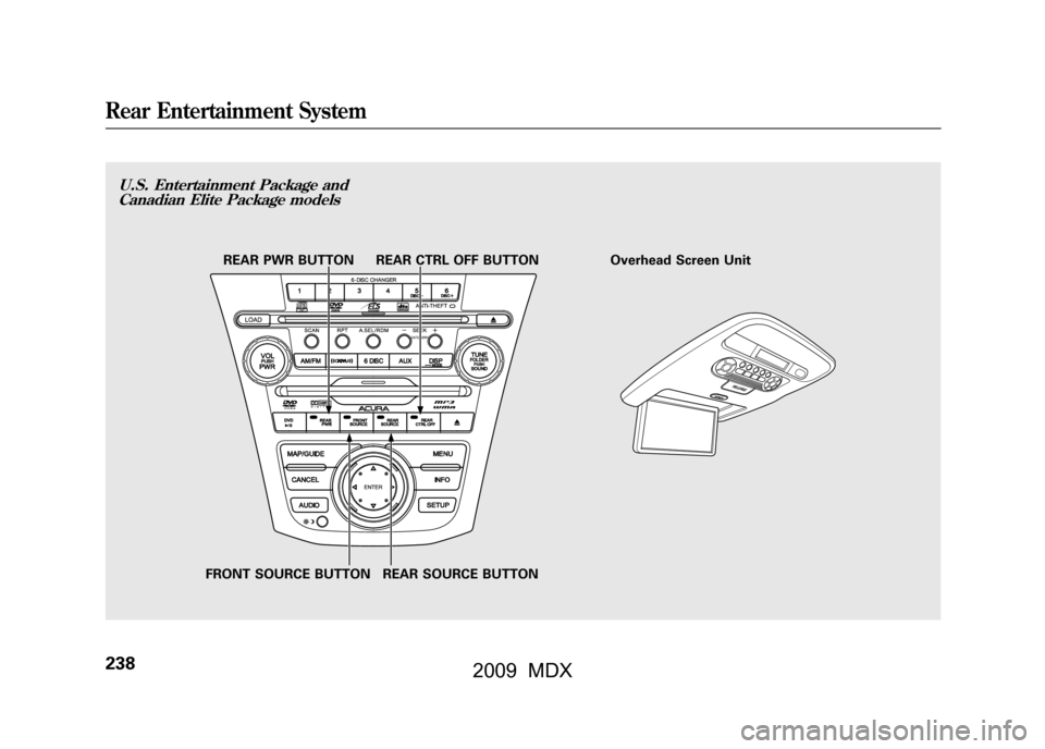 Acura MDX 2009 Owners Manual REAR PWR BUTTON REAR CTRL OFF BUTTONOverhead Screen Unit
FRONT SOURCE BUTTON REAR SOURCE BUTTON
U.S. Entertainment Package and
Canadian Elite Package modelsRear Entertainment System23808/06/06 16:58:0 Acura MDX 2009 Owners Manual REAR PWR BUTTON REAR CTRL OFF BUTTONOverhead Screen Unit
FRONT SOURCE BUTTON REAR SOURCE BUTTON
U.S. Entertainment Package and
Canadian Elite Package modelsRear Entertainment System23808/06/06 16:58:0