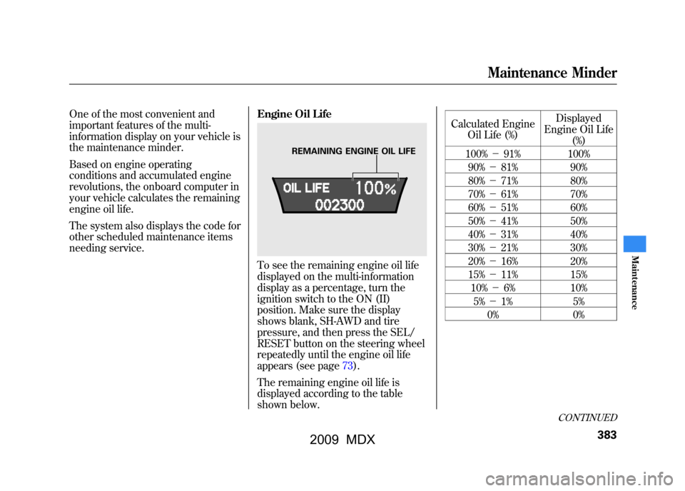 Acura MDX 2009 Owners Guide One of the most convenient and
important features of the multi-
information display on your vehicle is
the maintenance minder.
Based on engine operating
conditions and accumulated engine
revolutions, 