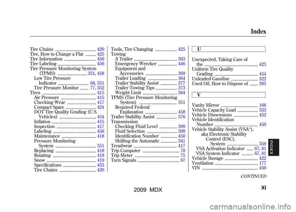 Acura MDX 2009  Owners Manual Tire Chains
................................
420
Tire, How to Change a Flat
........
425
Tire Information
.........................
456
Tire Labeling
..............................
456
Tire Pressure M