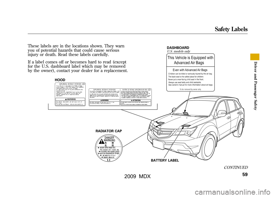 Acura MDX 2009  Owners Manual HOODRADIATOR CAP DASHBOARD
BATTERY LABEL
U.S. models only
These labels are in the locations shown. They warn
you of potential hazards that could cause serious
injury or death. Read these labels carefu