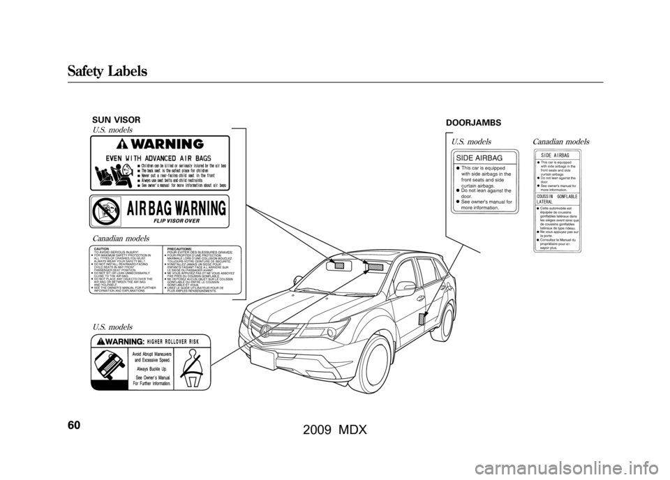 Acura MDX 2009 Repair Manual SUN VISORU.S. modelsU.S. models
DOORJAMBSU.S. models Canadian models
Canadian models
Safety Labels6008/06/06 16:58:07 09 ACURA MDX MMC North America Owners M 50 31STX620 enu
2009 MDX Acura MDX 2009 Repair Manual SUN VISORU.S. modelsU.S. models
DOORJAMBSU.S. models Canadian models
Canadian models
Safety Labels6008/06/06 16:58:07 09 ACURA MDX MMC North America Owners M 50 31STX620 enu
2009 MDX