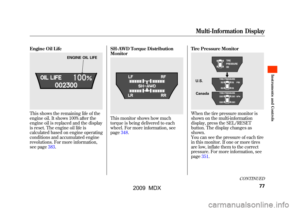 Acura MDX 2009  Owners Manual Engine Oil LifeThis shows the remaining life of the
engine oil. It shows 100% after the
engine oil is replaced and the display
is reset. The engine oil life is
calculated based on engine operating
con