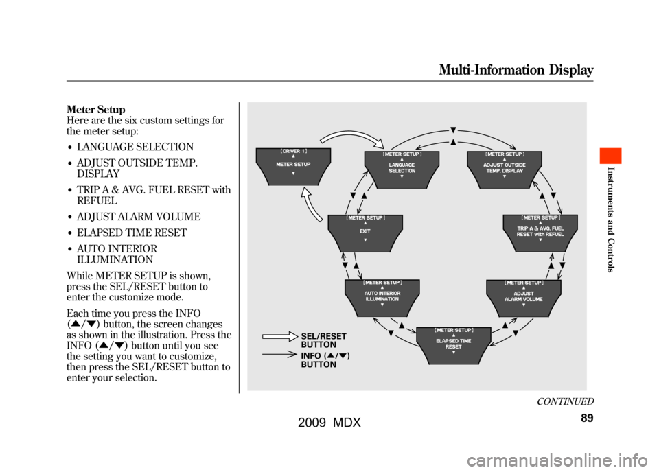 Acura MDX 2009  Owners Manual Meter Setup
Here are the six custom settings for
the meter setup:●LANGUAGE SELECTION●ADJUST OUTSIDE TEMP.
DISPLAY●TRIP A & AVG. FUEL RESET with
REFUEL●ADJUST ALARM VOLUME●ELAPSED TIME RESET�