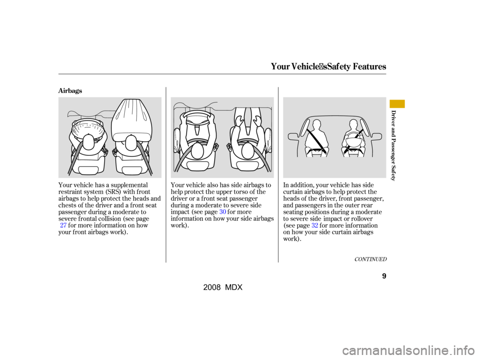 Acura MDX 2008 User Guide CONT INUED
Your vehicle has a supplemental 
restraint system (SRS) with f ront
airbags to help protect the heads and 
chests of the driver and a front seat 
passenger during a moderate to
severe f ron