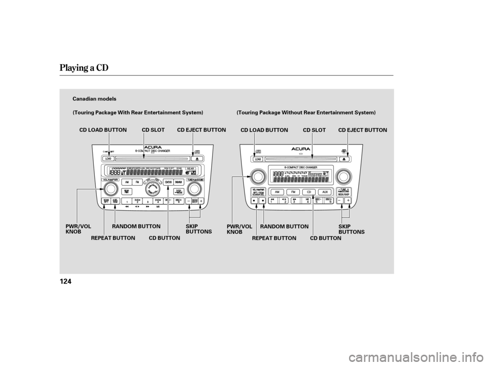 Acura MDX 2006  Owners Manual Playing a CD
124
Canadian modelsCD LOAD BUTTON CD SLOT
RANDOM BUTTON
REPEAT BUTTON
PWR/VOL
KNOB
CD BUTTONCD EJECT BUTTON
CD LOAD BUTTON
REPEAT BUTTON
PWR/VOL
KNOB
SKIP
BUTTONS
CD BUTTON CD EJECT BUTTO