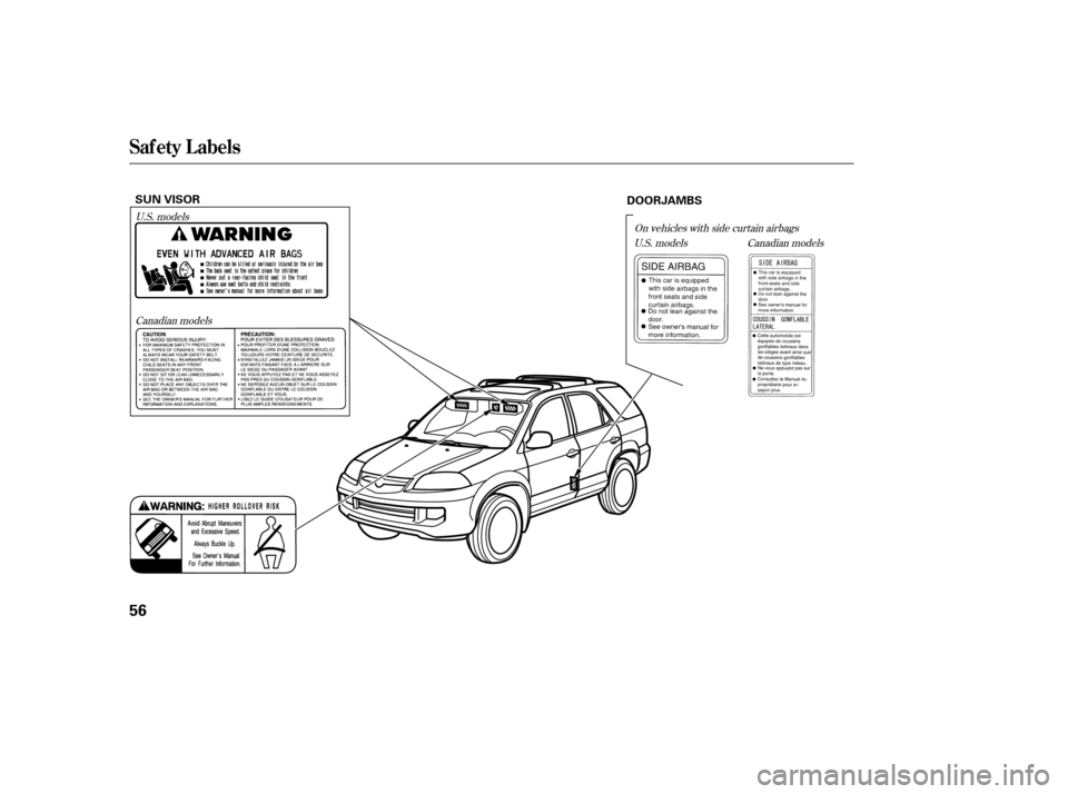 Acura MDX 2006 Workshop Manual U.S. modelsCanadian models Canadian models
U.S. models
On vehicles with side curtain airbags
Saf ety L abels
56
SUN VISOR
DOORJAMBS 