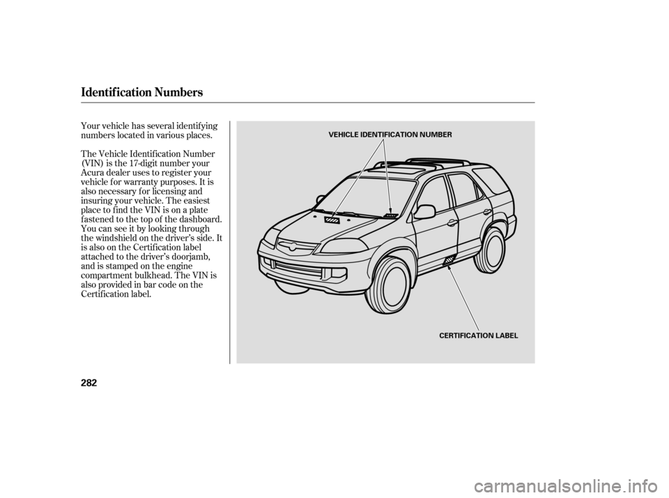 Acura MDX 2005 User Guide Your vehicle has several identif ying
numbers located in various places.
The Vehicle Identif ication Number
(VIN) is the 17-digit number your
Acura dealer uses to register your
vehicle f or warranty p