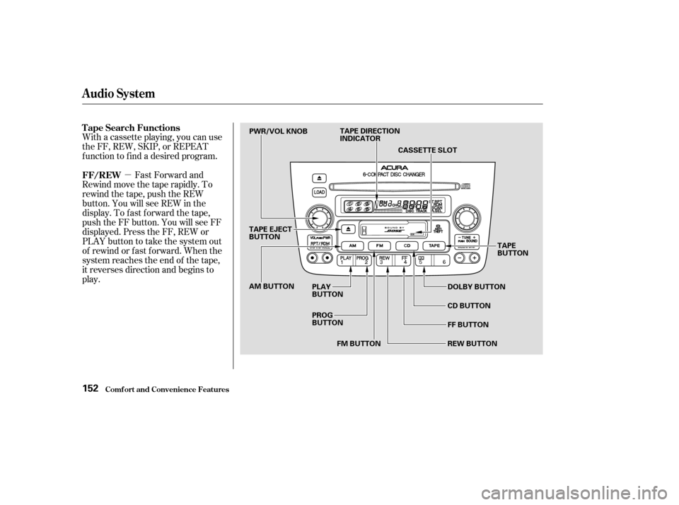 Acura MDX 2003  Owners Manua µ
With a cassette playing, you can use
the FF, REW, SKIP, or REPEAT
f unction to f ind a desired program.
Fast Forward and
Rewind move the tape rapidly. To
rewind the tape, push the REW
button. You 