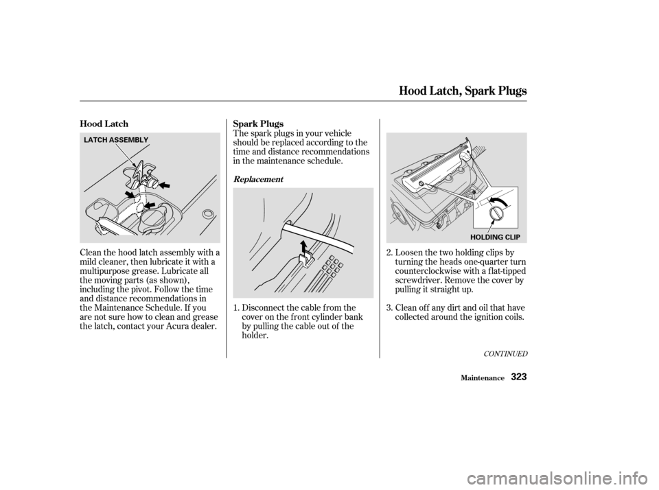 Acura MDX 2003  Owners Manua Clean the hood latch assembly with a
mild cleaner, then lubricate it with a
multipurpose grease. Lubricate all
the moving parts (as shown),
including the pivot. Follow the time
and distance recommenda