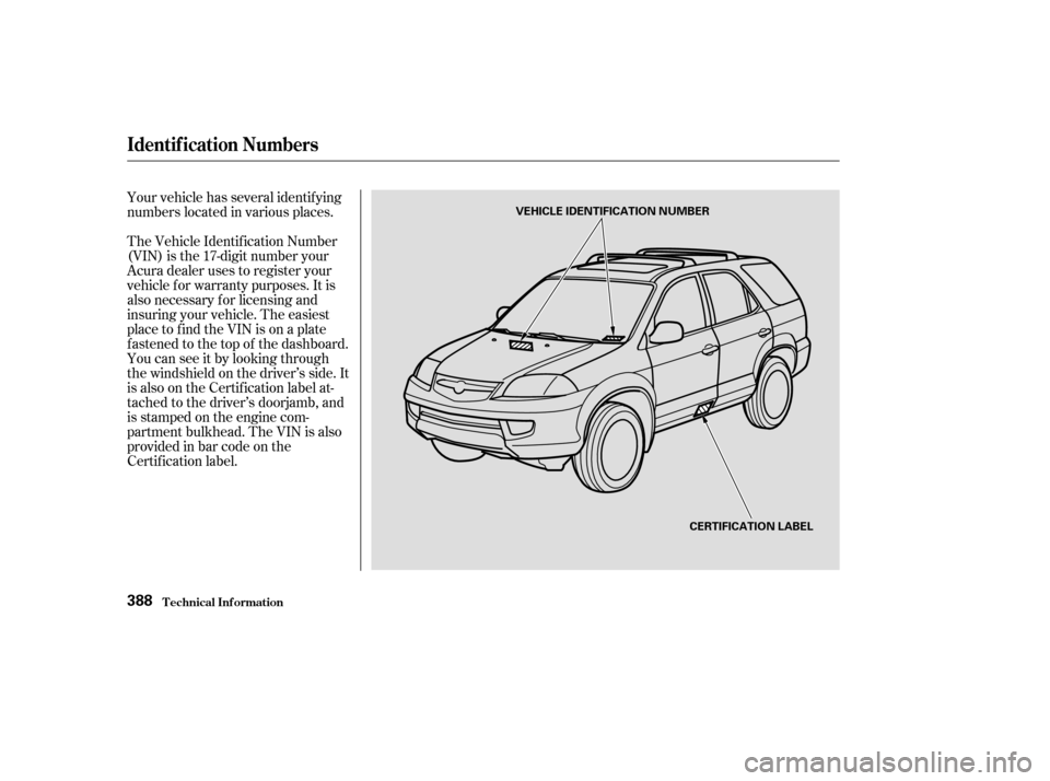 Acura MDX 2003  Owners Manua Your vehicle has several identif ying
numbers located in various places.
The Vehicle Identif ication Number
(VIN) is the 17-digit number your
Acura dealer uses to register your
vehicle f or warranty p
