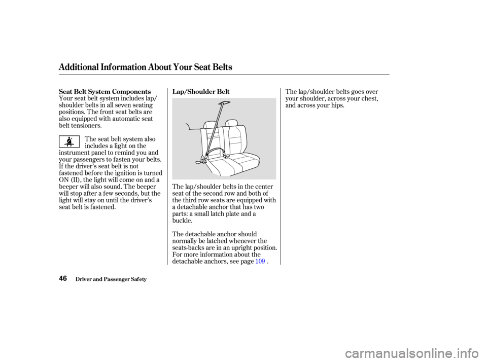 Acura MDX 2003  Owners Manua Your seat belt system includes lap/
shoulder belts in all seven seating
positions. The f ront seat belts are
also equipped with automatic seat
belt tensioners.The seat belt system also
includes a ligh