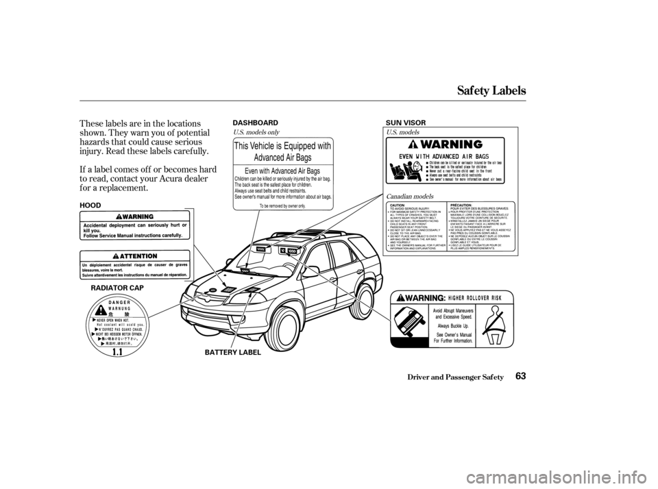 Acura MDX 2003 Owners Manua These labels are in the locations
shown. They warn you of potential
hazards that could cause serious
injury. Read these labels caref ully.
If a label comes of f or becomes hard
to read, contact your A Acura MDX 2003 Owners Manua These labels are in the locations
shown. They warn you of potential
hazards that could cause serious
injury. Read these labels caref ully.
If a label comes of f or becomes hard
to read, contact your A