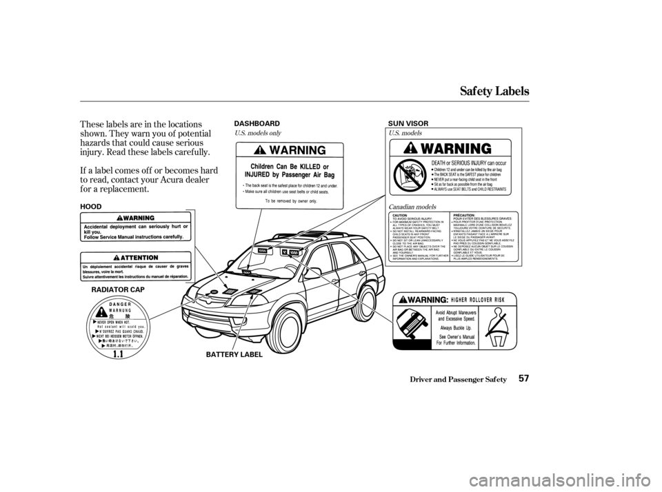 Acura MDX 2002  Owners Manual These labels are in the locations
shown. They warn you of potential
hazards that could cause serious
injury. Read these labels caref ully.
If a label comes of f or becomes hard
to read, contact your A