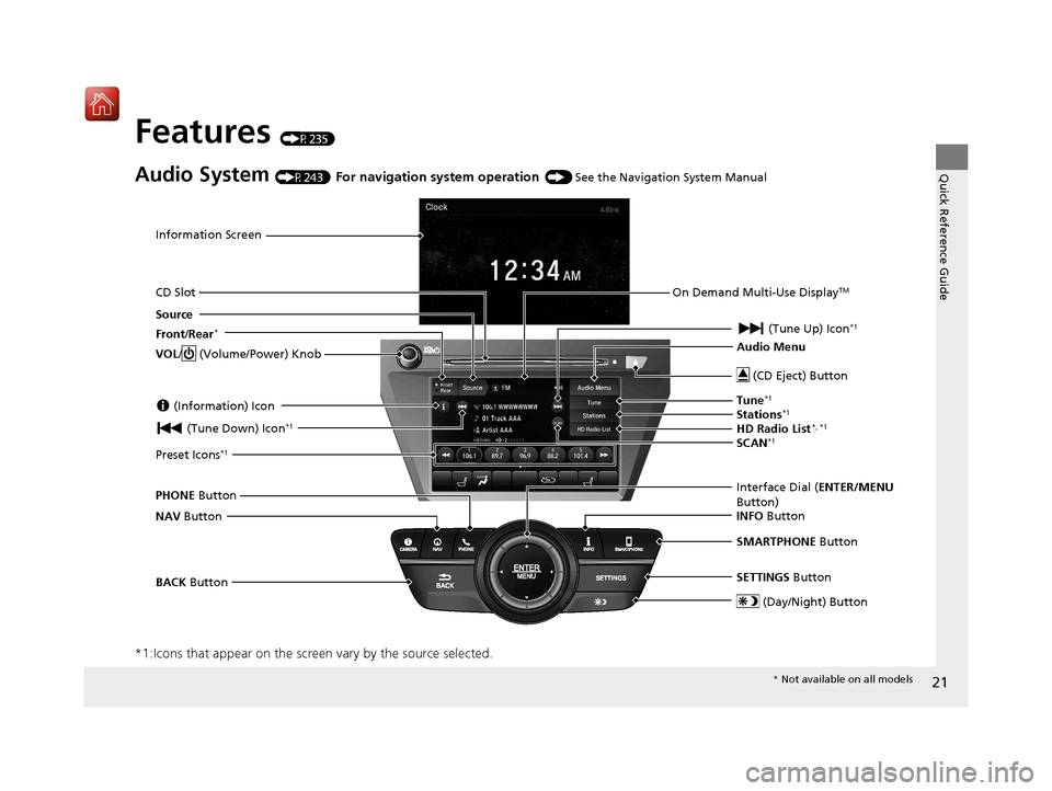 Acura MDX HYBRID 2020 Owners Manual 21
Quick Reference Guide
Features (P235)
Audio System (P243) For navigation system operation () See the Navigation System Manual
*1:Icons that appear on the screen vary by the source selected.
Informa Acura MDX HYBRID 2020 Owners Manual 21
Quick Reference Guide
Features (P235)
Audio System (P243) For navigation system operation () See the Navigation System Manual
*1:Icons that appear on the screen vary by the source selected.
Informa