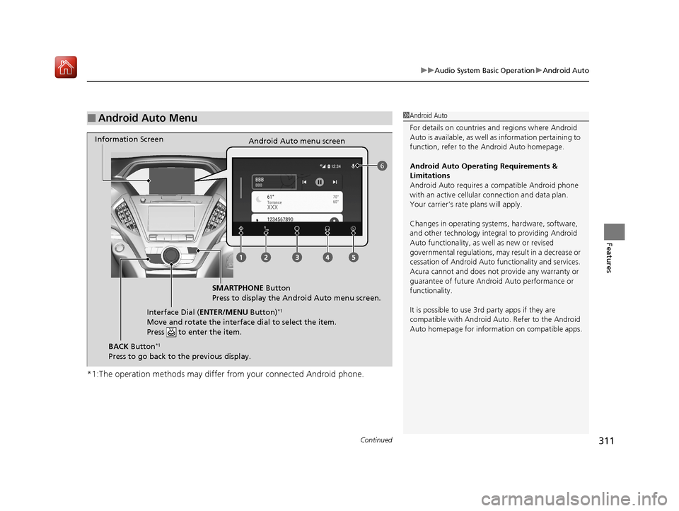 Acura MDX HYBRID 2020 Owners Manual Continued311
uuAudio System Basic Operation uAndroid Auto
Features
*1:The operation methods may differ from your connected Android phone.
■Android Auto Menu1Android Auto
For details on c ountries an Acura MDX HYBRID 2020 Owners Manual Continued311
uuAudio System Basic Operation uAndroid Auto
Features
*1:The operation methods may differ from your connected Android phone.
■Android Auto Menu1Android Auto
For details on c ountries an