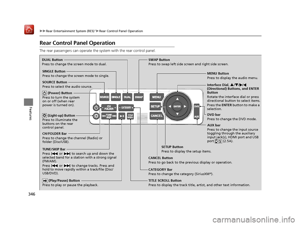 Acura MDX HYBRID 2020 Owners Manual 346
uuRear Entertainment System (RES)*uRear Control Panel Operation
Features
Rear Control Panel Operation
The rear passengers can operate the system with the rear control panel.
(Play/Pause) Button
Acura MDX HYBRID 2020 Owners Manual 346
uuRear Entertainment System (RES)*uRear Control Panel Operation
Features
Rear Control Panel Operation
The rear passengers can operate the system with the rear control panel.
(Play/Pause) Button