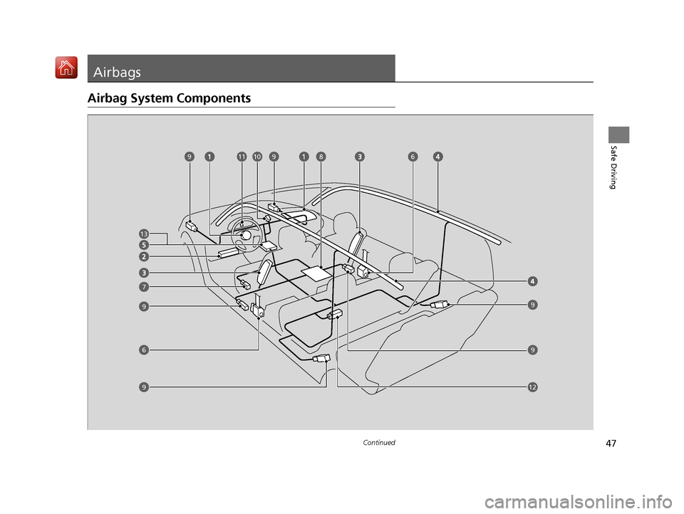 Acura MDX HYBRID 2020 Service Manual 47Continued
Safe Driving
Airbags
Airbag System Components
13
6
7
810119
99
9
6
12
9
9
20 ACURA MDX E-AWD-31TRX6302.book 47 ページ 2020年2月11日 火曜日 午後1時45 Acura MDX HYBRID 2020 Service Manual 47Continued
Safe Driving
Airbags
Airbag System Components
13
6
7
810119
99
9
6
12
9
9
20 ACURA MDX E-AWD-31TRX6302.book 47 ページ 2020年2月11日 火曜日 午後1時45