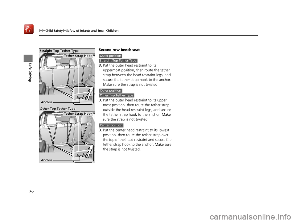 Acura MDX HYBRID 2020 User Guide 70
uuChild Safety uSafety of Infants and Small Children
Safe Driving
Second row bench seat
3. Put the outer head restraint to its
uppermost position, then route the tether
strap between the head res Acura MDX HYBRID 2020 User Guide 70
uuChild Safety uSafety of Infants and Small Children
Safe Driving
Second row bench seat
3. Put the outer head restraint to its
uppermost position, then route the tether
strap between the head res