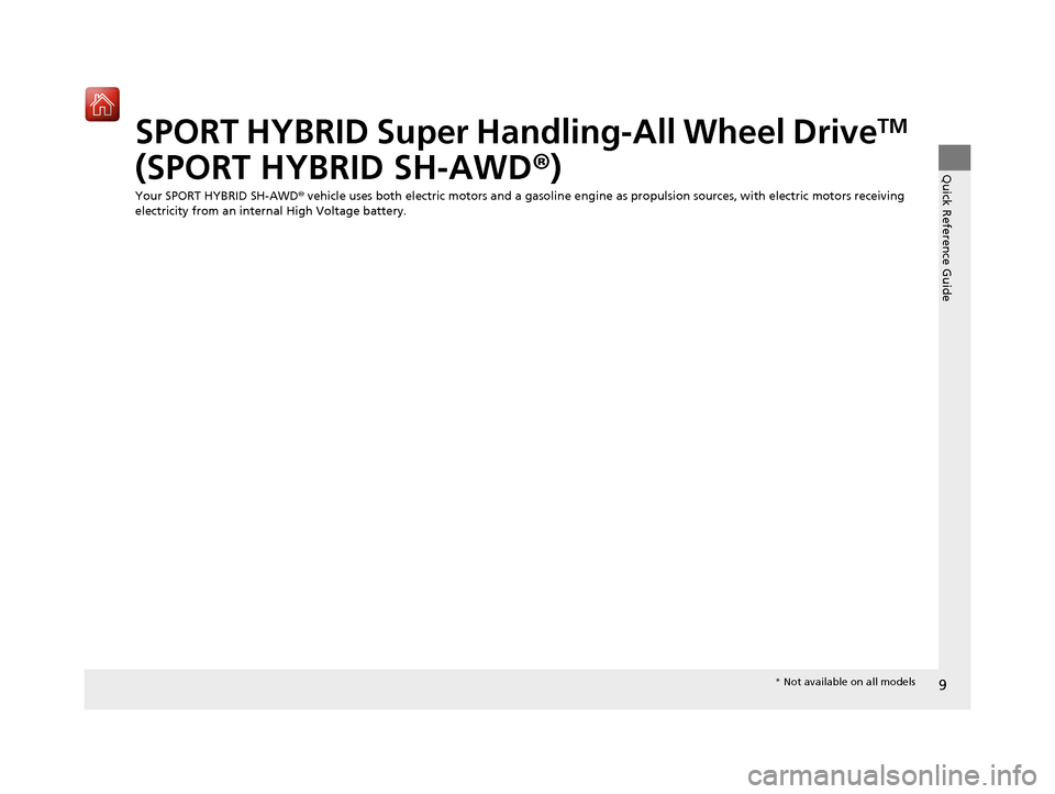 Acura MDX HYBRID 2020  Owners Manual 9
Quick Reference Guide
SPORT HYBRID Super Handling-All Wheel DriveTM 
(SPORT HYBRID SH-AWD ®)
Your SPORT HYBRID SH-AWD®  vehicle uses both electric motors and a gasoline engine as propulsion source
