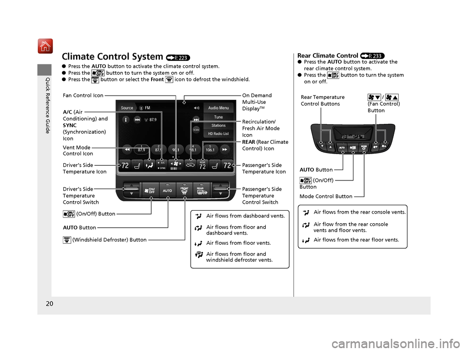 Acura MDX HYBRID 2019 Owners Manual 20
Quick Reference Guide
Climate Control System (P223)
● Press the AUTO button to activate the climate control system.
● Press the button to turn the system on or off.
● Press the button o Acura MDX HYBRID 2019 Owners Manual 20
Quick Reference Guide
Climate Control System (P223)
● Press the AUTO button to activate the climate control system.
● Press the button to turn the system on or off.
● Press the button o
