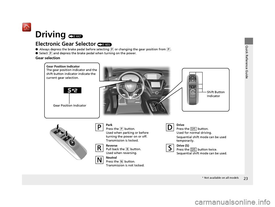 Acura MDX HYBRID 2019 Owners Guide 23
Quick Reference Guide
Driving (P447)
Electronic Gear Selector (P465)
● Always depress the brake pedal before selecting
(P or changing the gear position from (P.
● Select
(P and depress the br Acura MDX HYBRID 2019 Owners Guide 23
Quick Reference Guide
Driving (P447)
Electronic Gear Selector (P465)
● Always depress the brake pedal before selecting
(P or changing the gear position from (P.
● Select
(P and depress the br