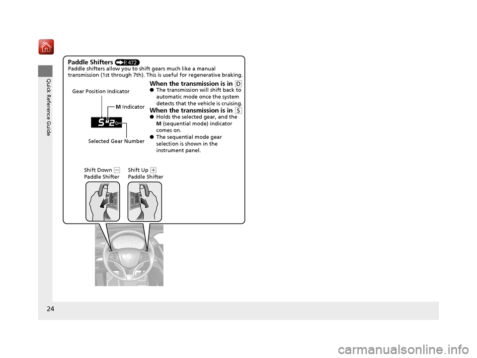 Acura MDX HYBRID 2019  Owners Manual 24
Quick Reference Guide
Paddle Shifters (P472)
Paddle shifters allow you to shift gears much like a manual 
transmission (1st through 7th). This  is useful for regenerative braking.
When the transmis