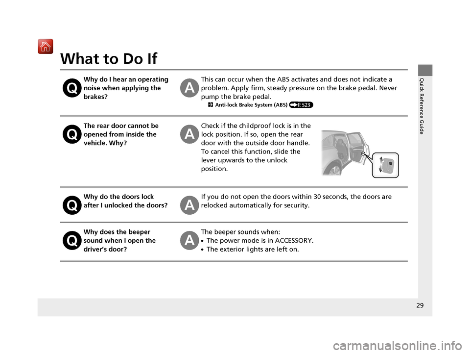 Acura MDX HYBRID 2019 Owners Manual 29
Quick Reference Guide
What to Do If
Why do I hear an operating
noise when applying the
brakes?This can occur when the ABS activates and does not indicate a
problem. Apply firm, steady pressure o Acura MDX HYBRID 2019 Owners Manual 29
Quick Reference Guide
What to Do If
Why do I hear an operating
noise when applying the
brakes?This can occur when the ABS activates and does not indicate a
problem. Apply firm, steady pressure o