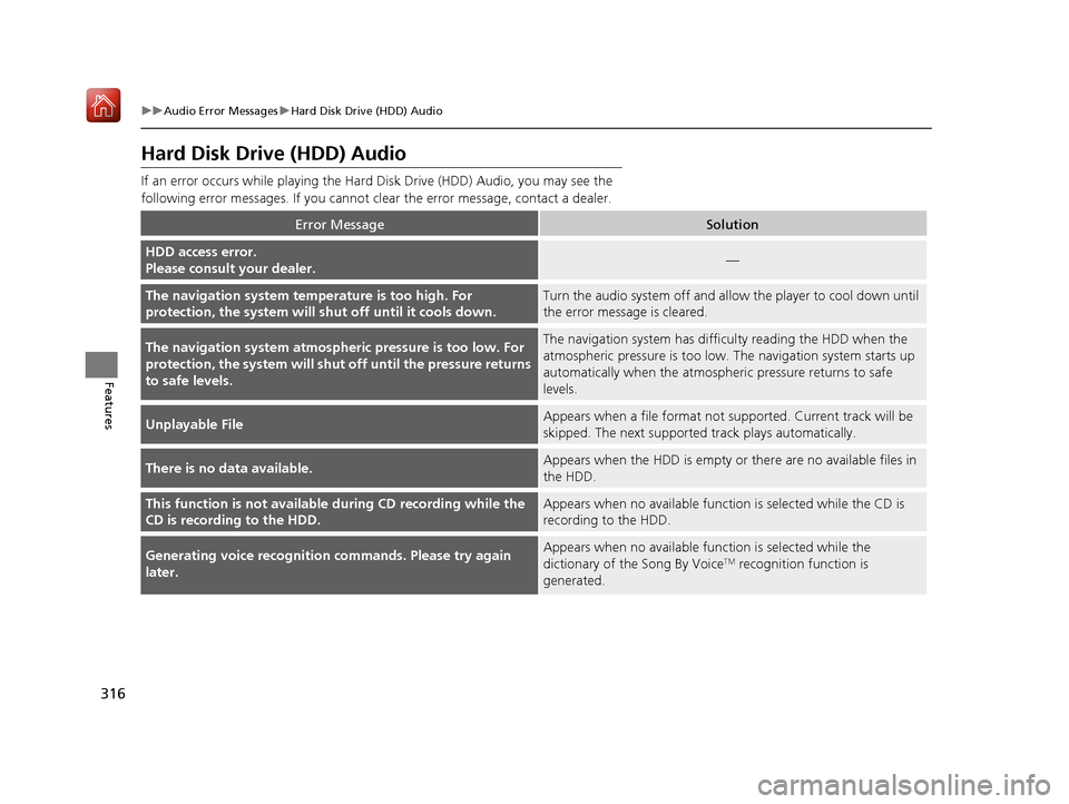 Acura MDX HYBRID 2019 Owners Manual 316
uuAudio Error Messages uHard Disk Drive (HDD) Audio
Features
Hard Disk Dri ve (HDD) Audio
If an error occurs while playing the Hard Disk Drive (HDD) Audio, you may see the
following error messag Acura MDX HYBRID 2019 Owners Manual 316
uuAudio Error Messages uHard Disk Drive (HDD) Audio
Features
Hard Disk Dri ve (HDD) Audio
If an error occurs while playing the Hard Disk Drive (HDD) Audio, you may see the
following error messag