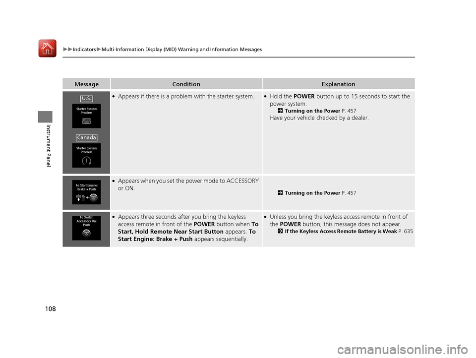 Acura MDX HYBRID 2018 Owners Manual 108
uuIndicators uMulti-Information Display (MID) Warning and Information Messages
Instrument Panel
MessageConditionExplanation
●Appears if there is a problem with the starter system.●Hold the PO Acura MDX HYBRID 2018 Owners Manual 108
uuIndicators uMulti-Information Display (MID) Warning and Information Messages
Instrument Panel
MessageConditionExplanation
●Appears if there is a problem with the starter system.●Hold the PO