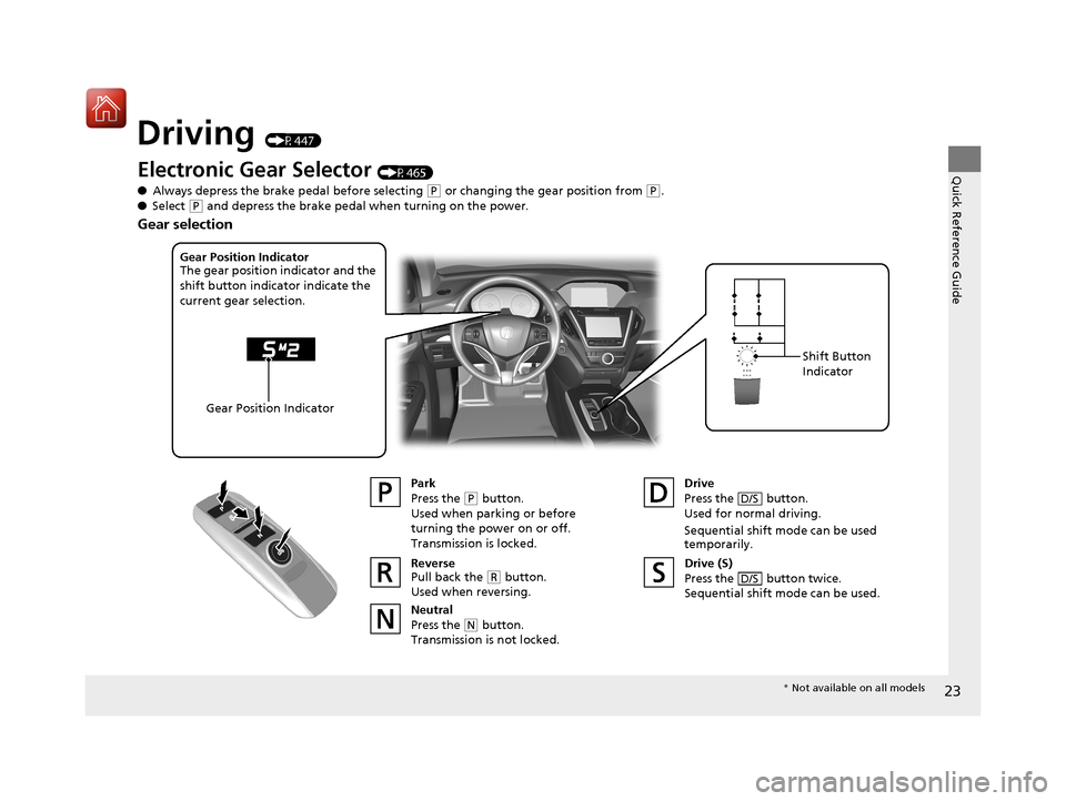 Acura MDX HYBRID 2018 Owners Guide 23
Quick Reference Guide
Driving (P447)
Electronic Gear Selector (P465)
● Always depress the brake pedal before selecting
(P or changing the gear position from (P.
● Select
(P and depress the br Acura MDX HYBRID 2018 Owners Guide 23
Quick Reference Guide
Driving (P447)
Electronic Gear Selector (P465)
● Always depress the brake pedal before selecting
(P or changing the gear position from (P.
● Select
(P and depress the br