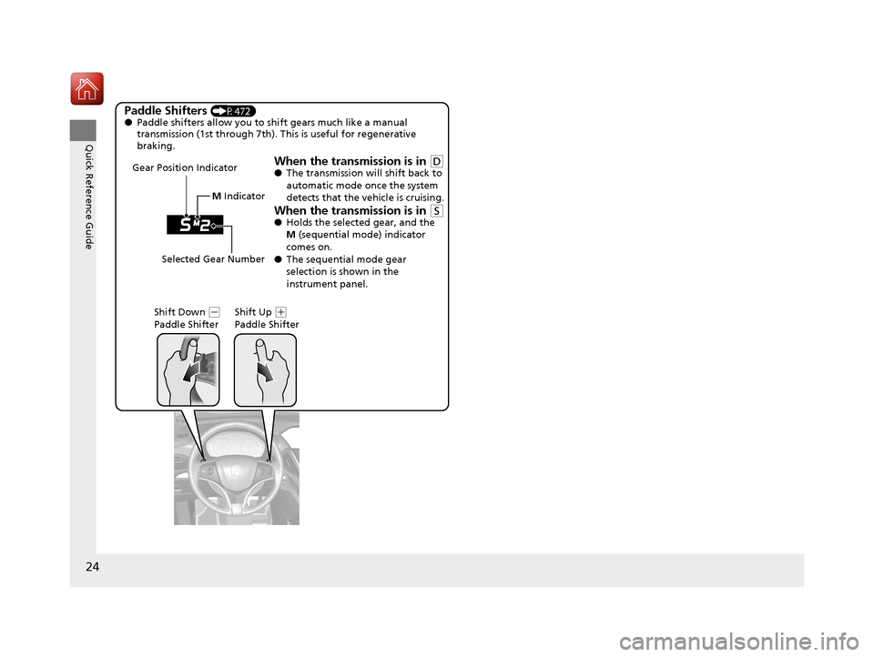 Acura MDX HYBRID 2018 Owners Guide 24
Quick Reference Guide
Paddle Shifters (P472)
● Paddle shifters allow you to shift gears much like a manual 
transmission (1st through 7th). This  is useful for regenerative 
braking.
When the tra