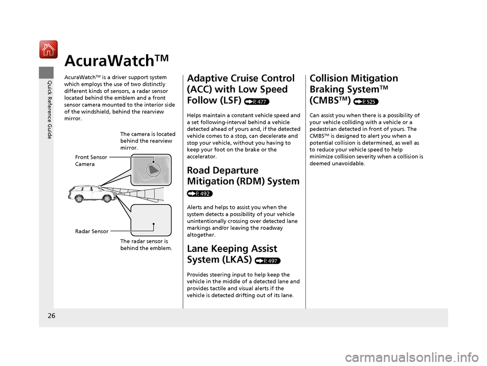 Acura MDX HYBRID 2018 Owners Guide 26
Quick Reference Guide
AcuraWatchTM
AcuraWatchTM is a driver support system 
which employs the use of two distinctly 
different kinds of sensors, a radar sensor 
located behind the emblem and a fron