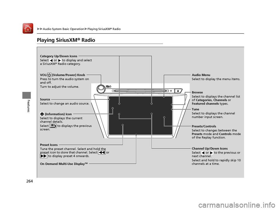 Acura MDX HYBRID 2018  Owners Manual 264
uuAudio System Basic Operation uPlaying SiriusXM ® Radio
Features
Playing SiriusXM ® Radio
On Demand Multi-Use DisplayTM
VOL/  (Volume/Power) Knob
Press to turn the audio system on 
and off.
Tur