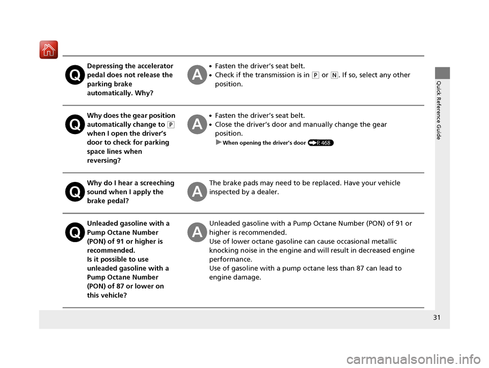 Acura MDX HYBRID 2018 Owners Guide 31
Quick Reference Guide
Depressing the accelerator 
pedal does not release the 
parking brake 
automatically. Why?●Fasten the driver’s seat belt.
●Check if the transmission is in (P or (N. If s