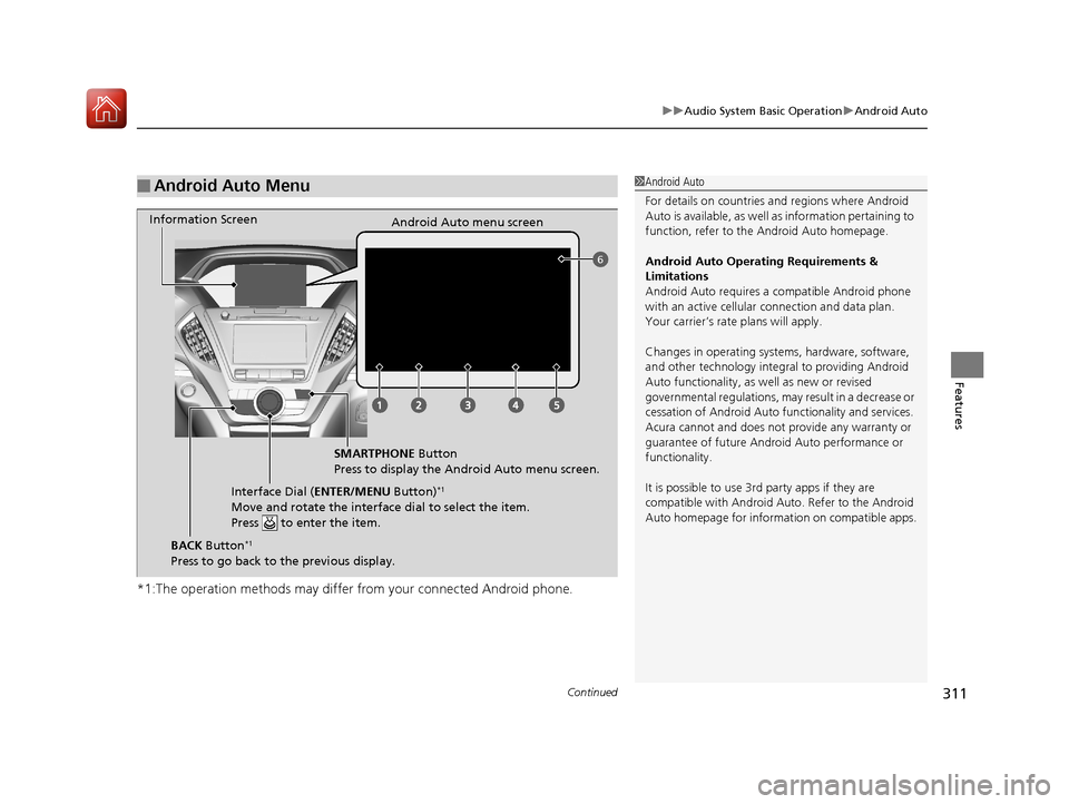 Acura MDX HYBRID 2018 Owners Manual Continued311
uuAudio System Basic Operation uAndroid Auto
Features
*1:The operation methods may differ from your connected Android phone.
■Android Auto Menu1Android Auto
For details on c ountries an Acura MDX HYBRID 2018 Owners Manual Continued311
uuAudio System Basic Operation uAndroid Auto
Features
*1:The operation methods may differ from your connected Android phone.
■Android Auto Menu1Android Auto
For details on c ountries an