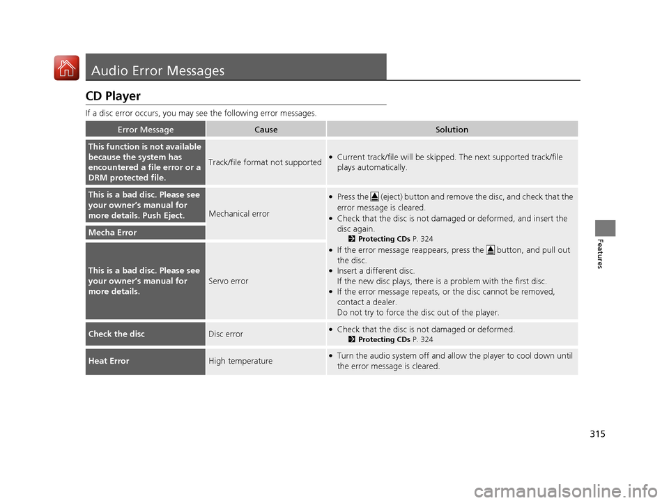 Acura MDX HYBRID 2018  Owners Manual 315
Features
Audio Error Messages
CD Player
If a disc error occurs, you may see the following error messages.
Error MessageCauseSolution
This function is not available 
because the system has 
encount