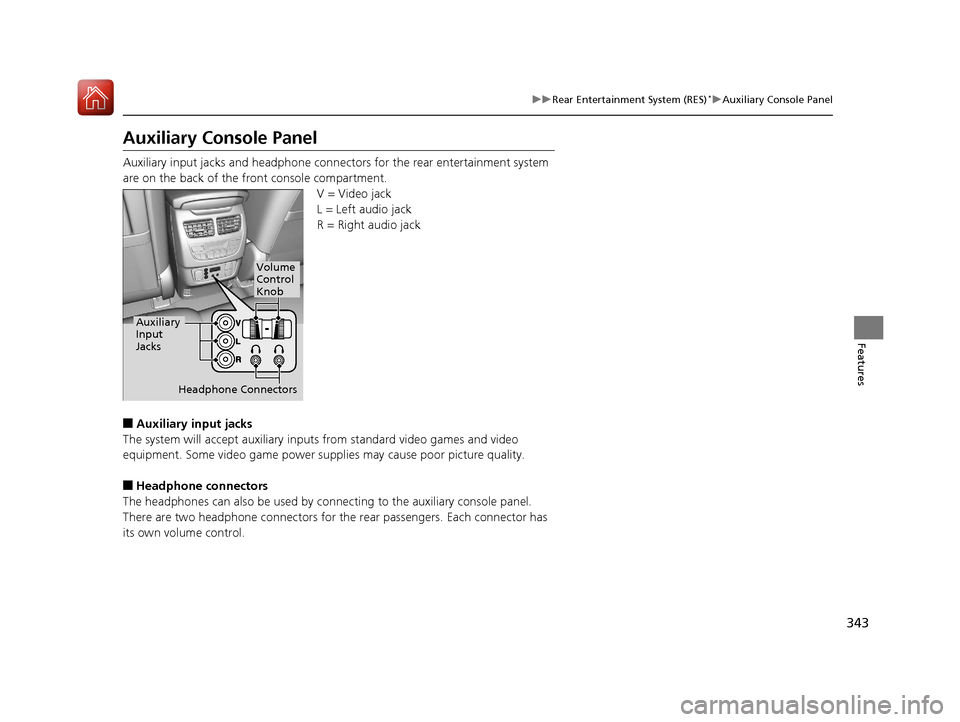 Acura MDX HYBRID 2018  Owners Manual 343
uuRear Entertainment System (RES)*uAuxiliary Console Panel
Features
Auxiliary Console Panel
Auxiliary input jacks and headphone connectors for the rear entertainment system 
are on the back of the