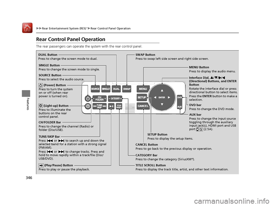 Acura MDX HYBRID 2018 Owners Manual 346
uuRear Entertainment System (RES)*uRear Control Panel Operation
Features
Rear Control Panel Operation
The rear passengers can operate the system with the rear control panel.
(Play/Pause) Button
Acura MDX HYBRID 2018 Owners Manual 346
uuRear Entertainment System (RES)*uRear Control Panel Operation
Features
Rear Control Panel Operation
The rear passengers can operate the system with the rear control panel.
(Play/Pause) Button