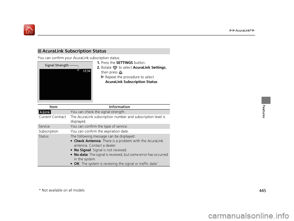 Acura MDX HYBRID 2018 Owners Manual 445
uuAcuraLink ®u
Features
You can confirm your AcuraLink subscription status.
1.Press the SETTINGS button.
2. Rotate to select AcuraLink Settings ,
then press .
u Repeat the procedure to sel Acura MDX HYBRID 2018 Owners Manual 445
uuAcuraLink ®u
Features
You can confirm your AcuraLink subscription status.
1.Press the SETTINGS button.
2. Rotate to select AcuraLink Settings ,
then press .
u Repeat the procedure to sel