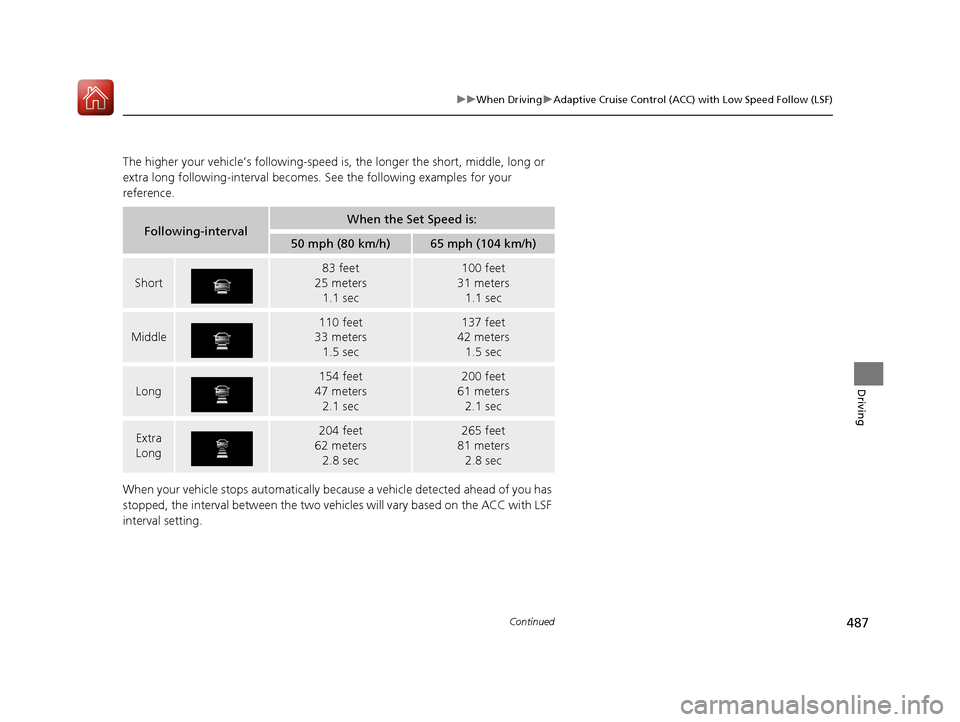 Acura MDX HYBRID 2018 Owners Manual 487
uuWhen Driving uAdaptive Cruise Control (ACC) with Low Speed Follow (LSF)
Continued
Driving
The higher your vehicle’s following-speed is , the longer the short, middle, long or
extra long follo Acura MDX HYBRID 2018 Owners Manual 487
uuWhen Driving uAdaptive Cruise Control (ACC) with Low Speed Follow (LSF)
Continued
Driving
The higher your vehicle’s following-speed is , the longer the short, middle, long or
extra long follo